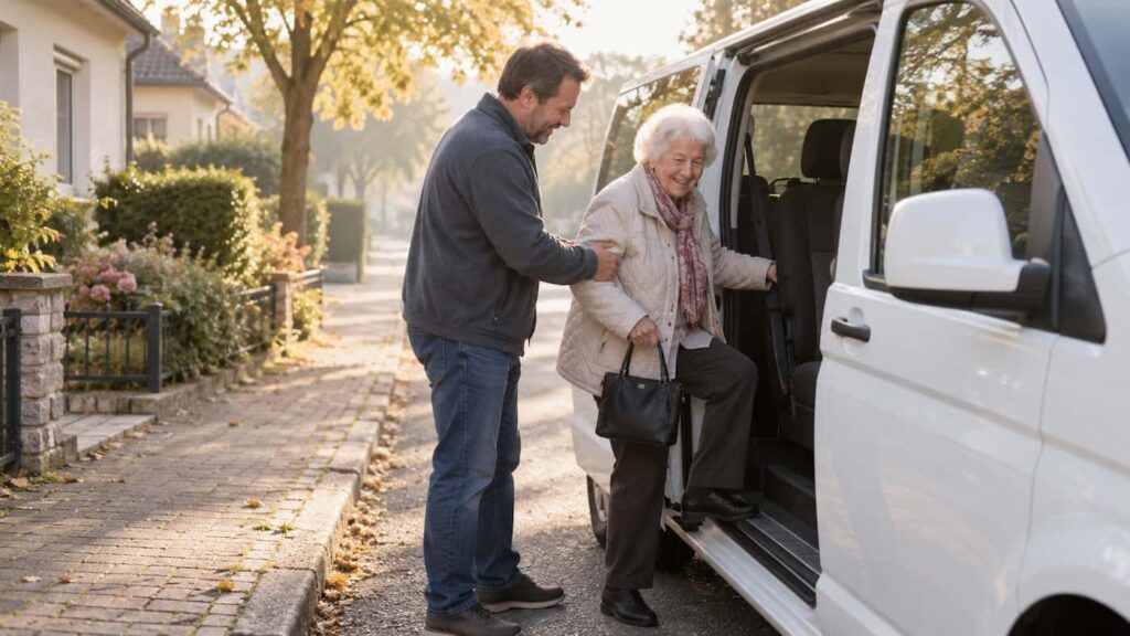 Fahrdienst holt eine Person morgens zur Tagespflege ab