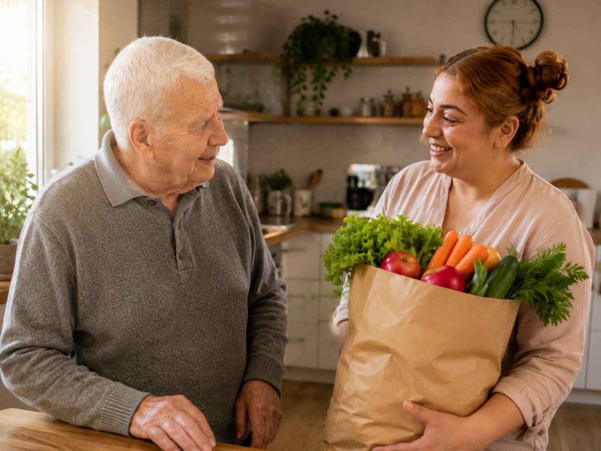 Pflegekraft, die einen älteren Menschen im Haushalt unterstützt