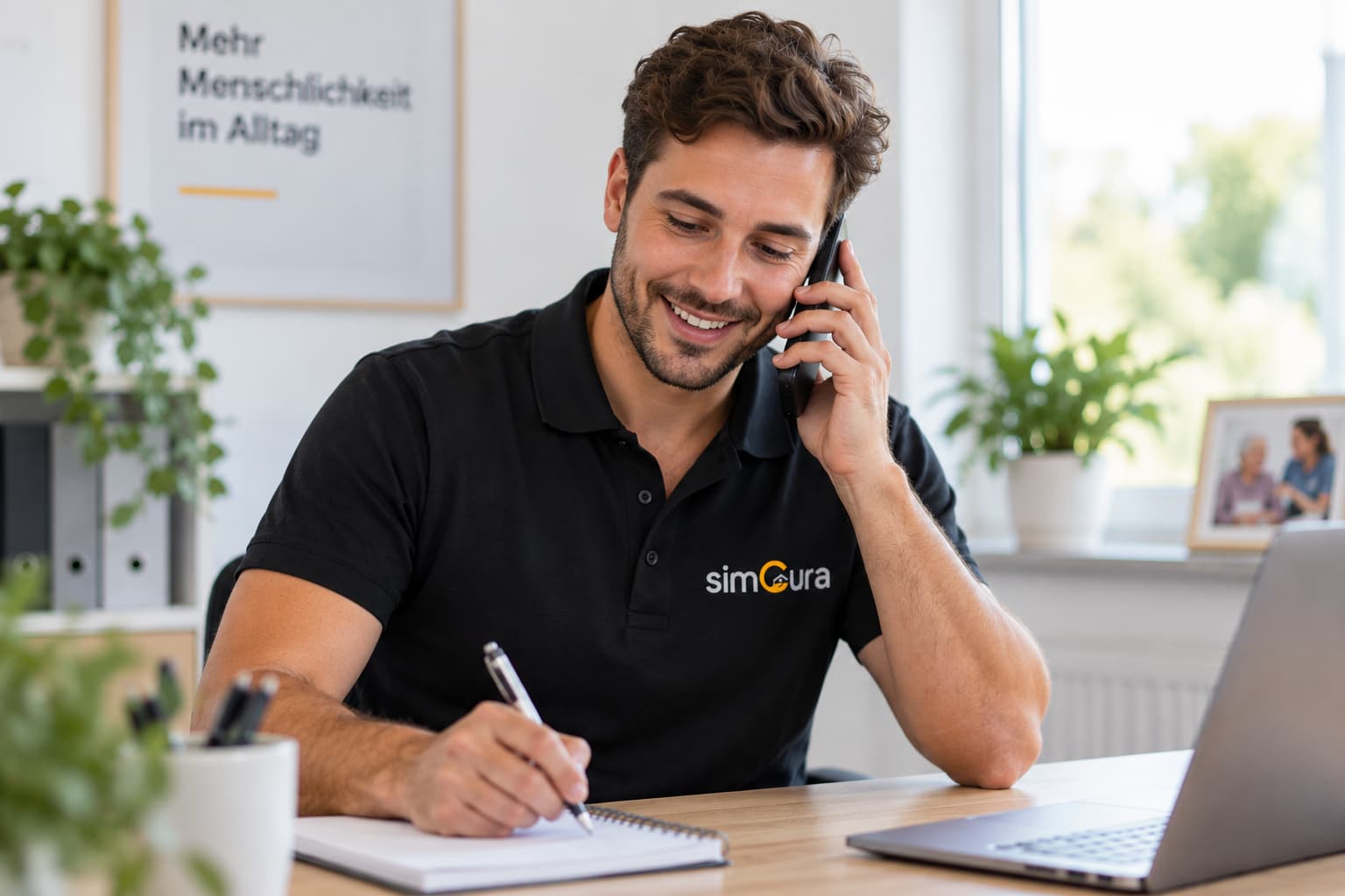 Pflegekraft telefoniert am Schreibtisch und macht sich Notizen
