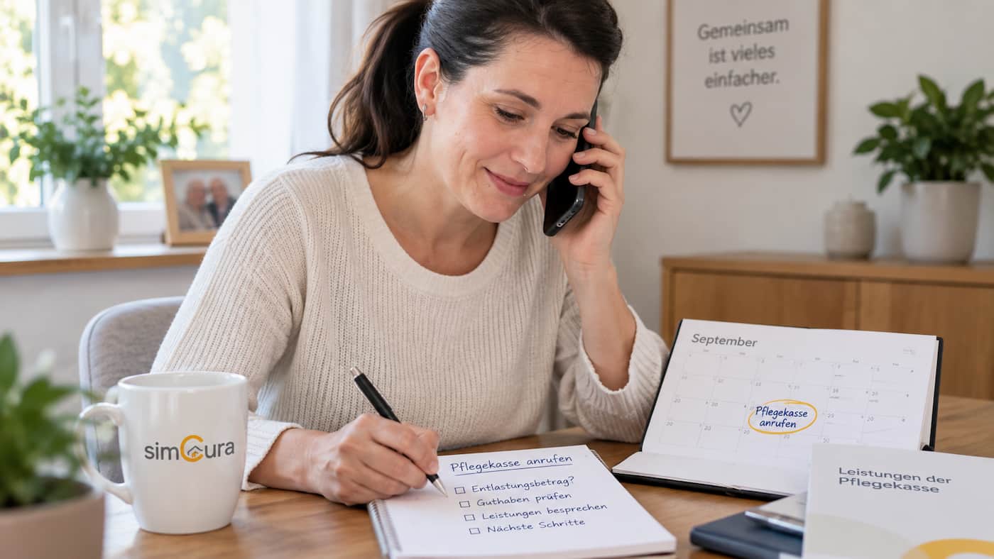 Person telefoniert mit der Pflegekasse und notiert das Guthaben