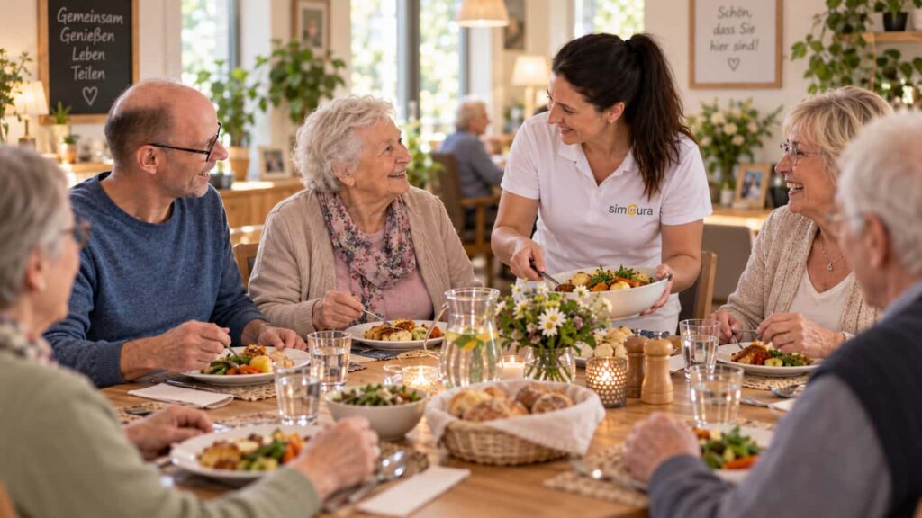 Mehrere Menschen sitzen gemeinsam bei einem warmen Essen in geselliger Runde