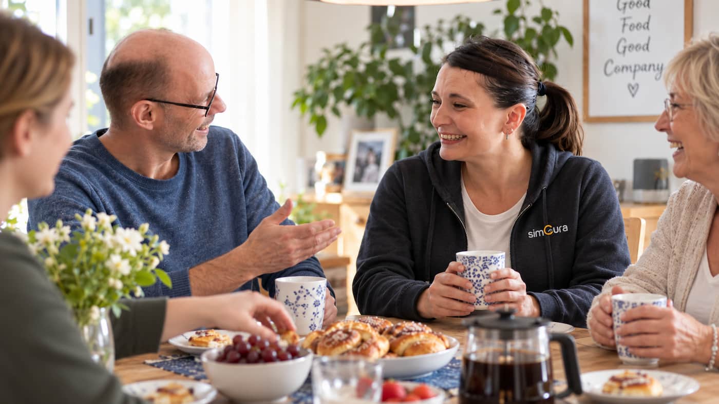 Person nimmt entspannt am gemeinsamen Essen mit Familie teil