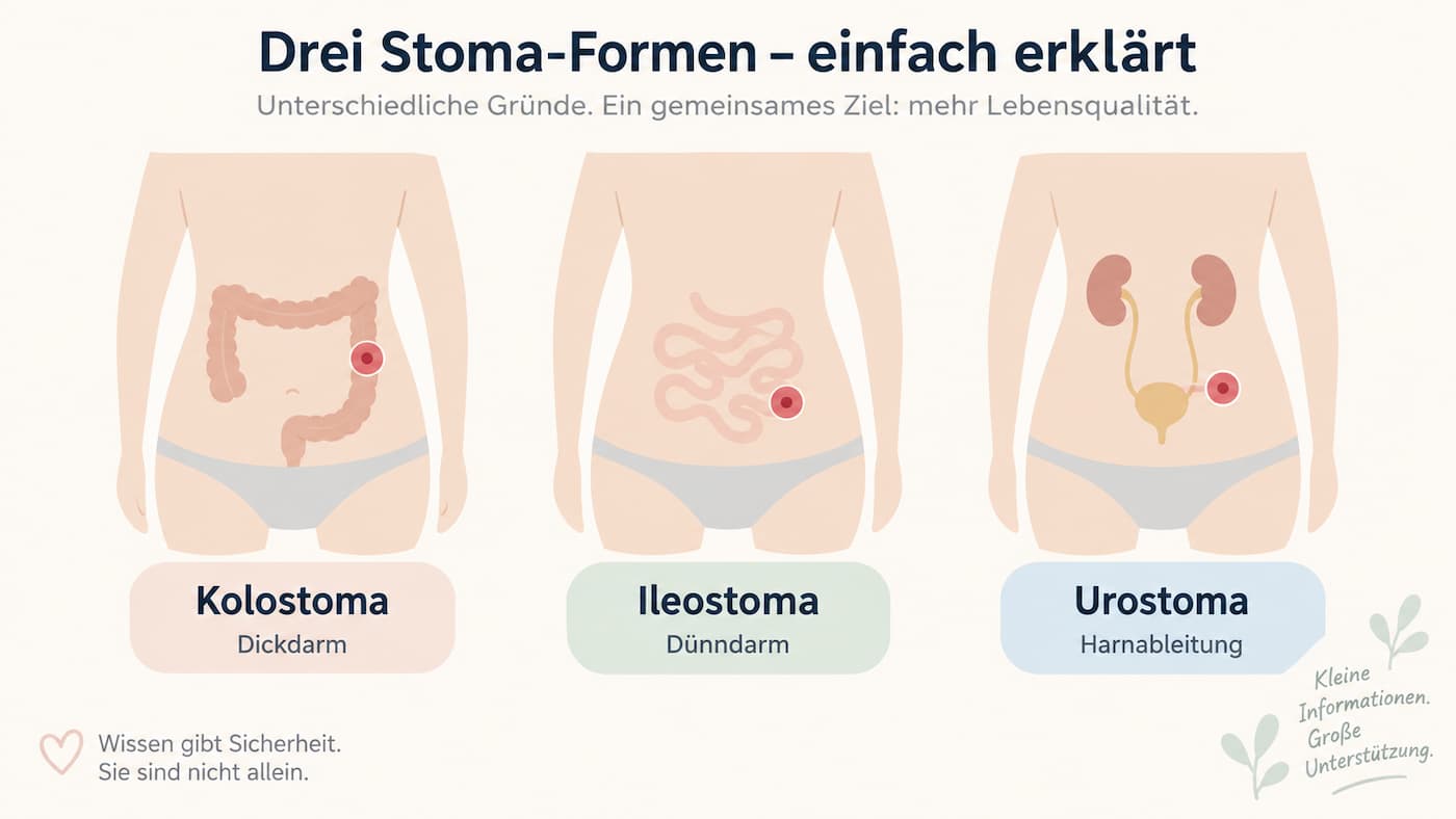 Schematische Darstellung der drei Stoma-Formen Kolostoma, Ileostoma und Urostoma